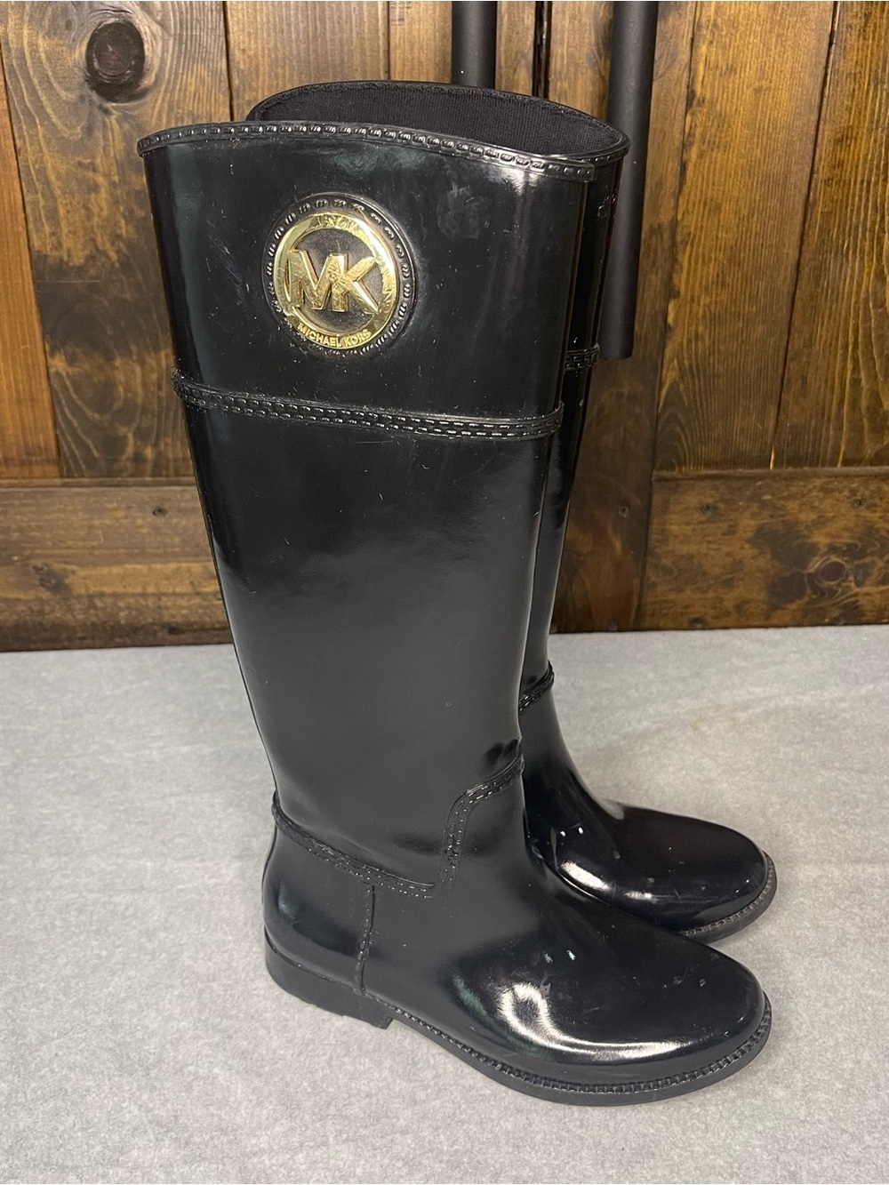 Michael Kors Womens 6 Black Patent Stockard Tall Rain Boots Gold Logo